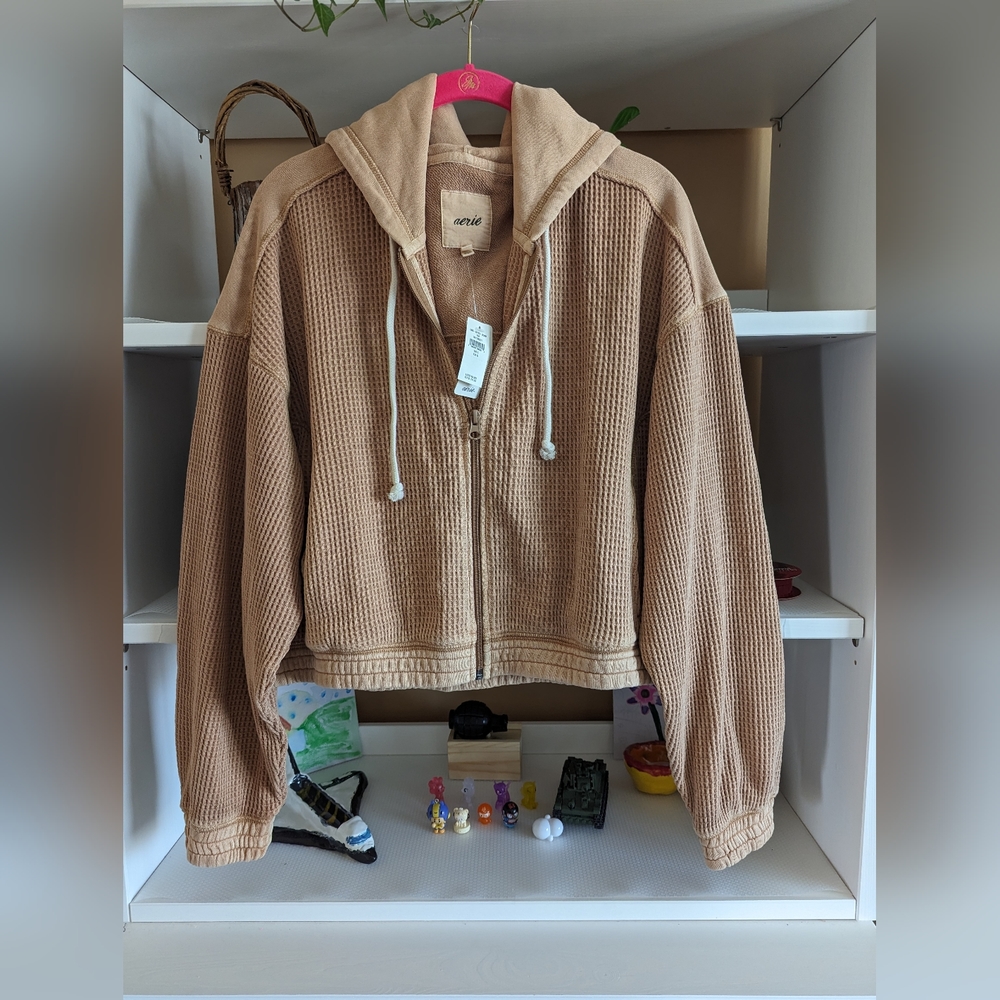 aerie Tan Waffle-Knit Zip Hoodie